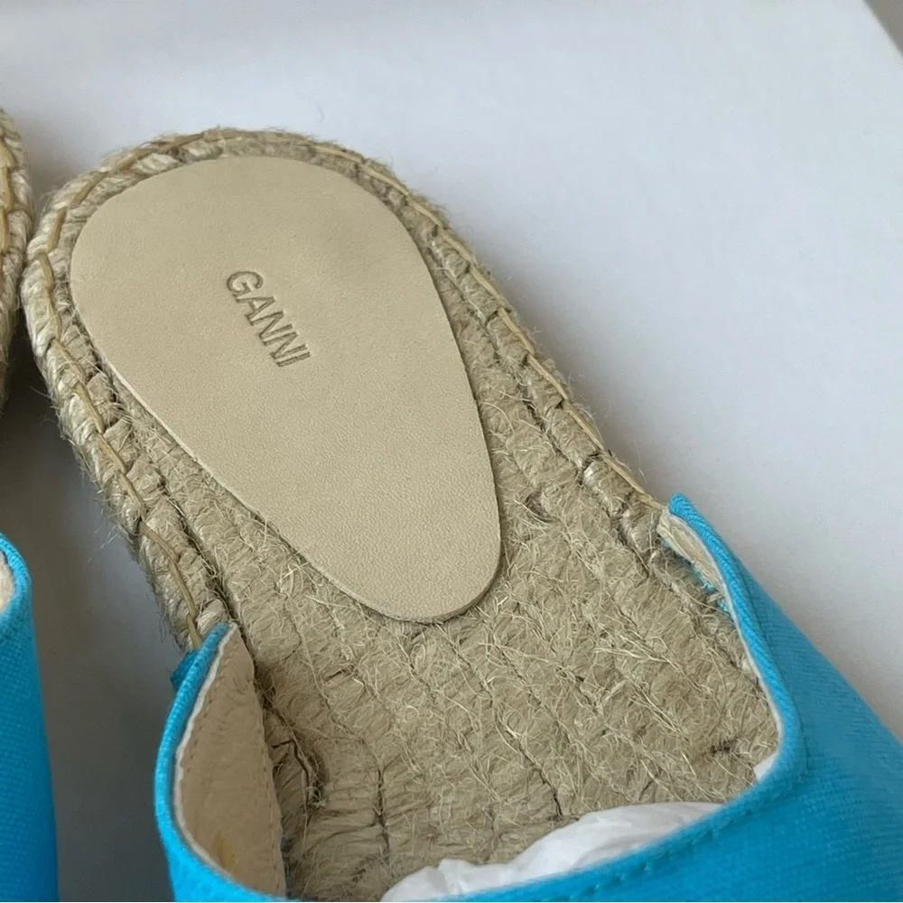 NWT Ganni embroidered espadrilles canvas aqua blue Aquarius starfish slippers